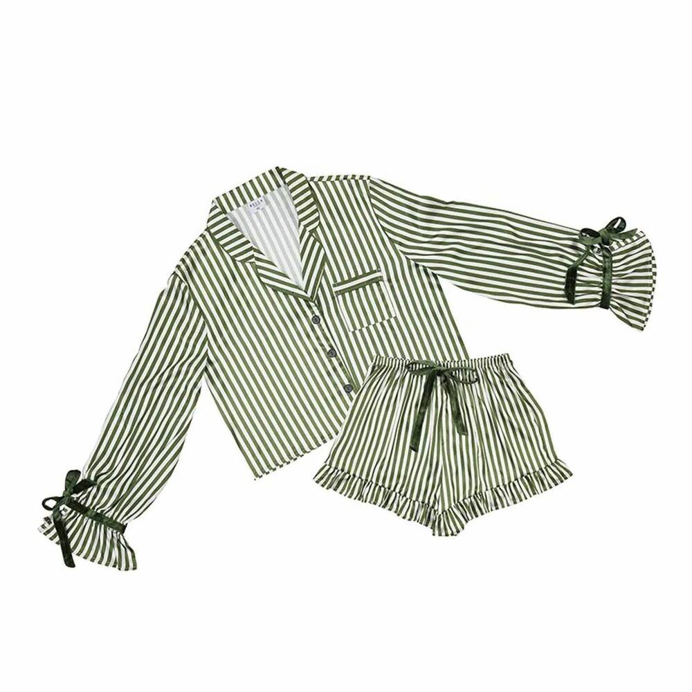 NEW BELLA SLEEP + SPA women's button up top and pajama short set in green stripe